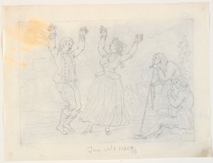 Man och kvinna som dansar fandango. En ung man spelar gitarr och en gammal kvinna tittar på av J.F. Clemens