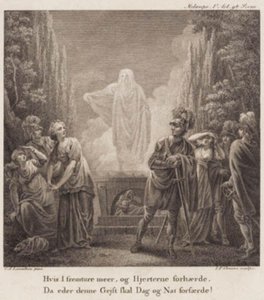 Melampe. Om ni går framåt mer och förhärdar era hjärtan, när kommer denna ande att skrämma er dag och natt? Gravyr efter Llorentzens Holberg Galleri. av J.F. Clemens