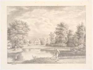 Sanderumgaards trädgård med hus. I förgrunden en man med lie av J.F. Clemens