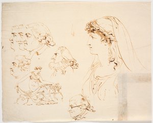 Sex manliga och en kvinnliga profilhuvud och kvinna i klassisk klänning som plockar blommor av J.F. Clemens