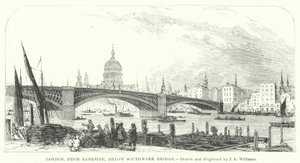 London, från Bankside, nedanför Southwark Bridge (gravyr)