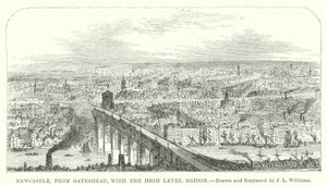 Newcastle, från Gateshead, med High Level Bridge (gravyr) av J.L. (after) Williams