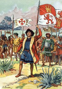 1492: Christopher Columbus anländer till Amerika med spansk flagga av J.L Beuzon (fl.1880 1940)