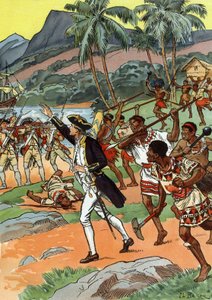 James Cooks död dödad av lokalbefolkningen på Hawaii av J.L Beuzon (fl.1880 1940)