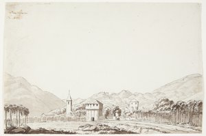 Landskap från Domodossola i Schweiz med kyrka och vakttorn av J.L. Lund