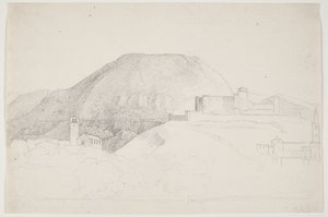 Landskapsstudie med berg och byggnader. Spoleto, Italien av J.L. Lund