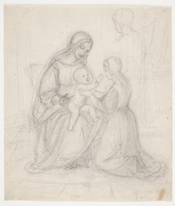 Sittande Madonna med barn och knästående kvinna av J.L. Lund