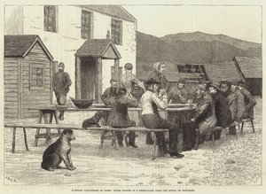 Skotska volontärer hemma, efter middag på en fårfarm nära Spittal of Glenshee