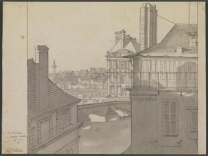 Utsikt från J.P. Møllers lägenhet på Hotel d’Irlande, Rue de Beaune nr. 3, över Seine mot Tuilerierna och Rue de Rivoli, 6 mars 1812