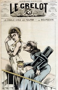 La cicada chez la ant - Antiklerikal karikatyr av en jesvit som håller i en öppen handväska som han sköter om en immorös kvinna, klädd i en krona av vete epis, som gör en moue of dedain - Illustration av A. Bourgevin (eller J.Blasset eller Albert Douat