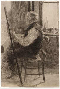 Konstnär sittande vid staffli av J. Alden Weir