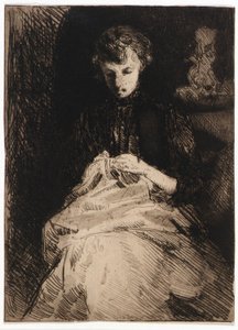 Sittande kvinna som syr av J. Alden Weir
