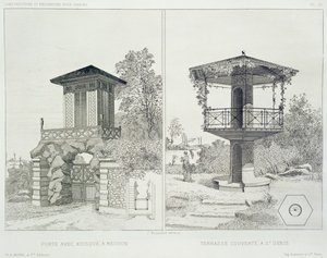 Portal med kiosk, Meudon och täckt terrass, St. Denis, från en mängd mönster av olika arkitekter, pub. Morel & Cie, Paris, ca 1880 (etsning)