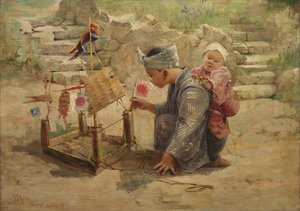 Japansk pojke som bygger en krigsman, 1895. av J. C. Arter.