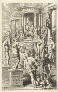 Herkules leder människan förbi personifieringar av dygder till tempel för evig berömmelse Titelsida för: Idea principis christiano-politica, Centum Symbolis expressa, Bryssel 1649 (titel på objekt) av J. Danoot