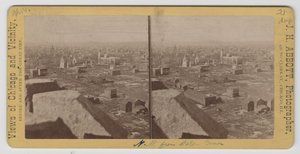 Stereograf av sikt nordväst från Water Tower efter branden i Chicago 1871 av J. H. Abbott