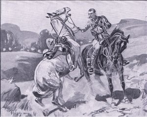 Major Brown, 14th Hussars, håller liet Browns häst under kraftig eld, illustration från After Pretoria: The Guerilla War, 1902 av J. H. Thorneley