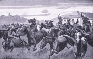 Boers som plundrar Remount Depot i Braamfontein, från After Pretoria: The Guerilla War publicerad av Harmsworth Bros Limited, 1901 av J. H. Thornely