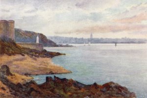 Mole des Noires och Dinard, från St Malo Beach (färg litho)