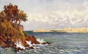 St Malo från Priory Beach, Dinard (färg litho)