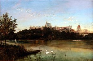 Figurer i en Punt och svanar på Themsen med Windsor Castle i bakgrunden (olja på duk) av J. Lewis