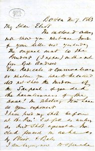 Letter signed J.M.F. [J.M. Forbes], Boston, to Eliot [William G. Eliot], November 7, 1863 av J. M. Forbes