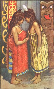 Maori-flickor, från MacMillan-skolans affischer, ca 1950-60-talet (lito i färg)