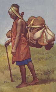 Kvinna från Kenya koloni med last (färg litho)