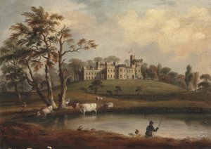 En vy av Hornby Castle, Yorkshire, med en sportfiskare och boskap på stranden av floden Wenning av J. Miller