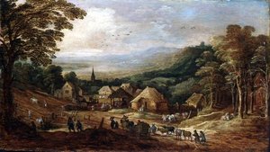 Höstlandskap med bönder av J. and Momper J. de Brueghel