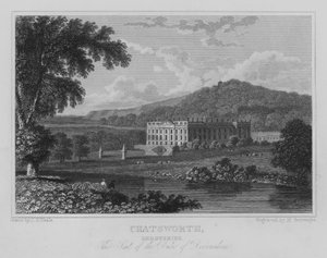 Chatsworth, Derbyshire, sätet för hertigen av Devonshire (gravyr) av John Preston Neale