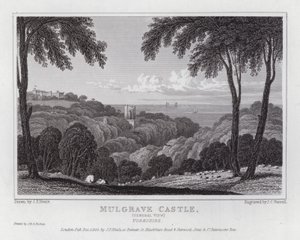 Mulgrave Castle, allmän utsikt, Yorkshire (gravyr) av John Preston Neale