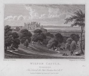 Wilton Castle, Yorkshire, säte för Sir John Lowther (gravyr) av John Preston Neale