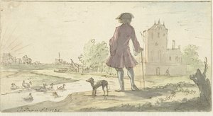 Man med hund nära vatten av J. Paon (signed by artist)