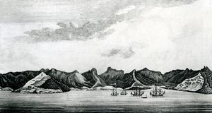 En vy över Cumberland Bay på ön Juan Fernandes, ca 1745 (gravyr) av J. S. Mason
