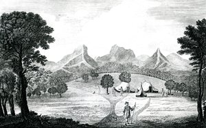 En vy av Commodore-tältet på ön Juan Fernandes, ca 1745 (gravyr) av J. S. Mason