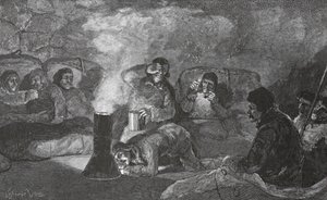 Interiör av vår vinterkoja på Camp Clay, under matlagning, 1883 pub. London 1886