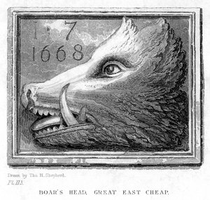 Värdshusskylt från Boars Head Tavern, Eastcheap, London, 1800-talet.