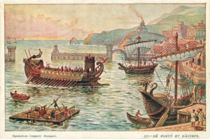 Forntida romersk hamn och skepp (färg litho)