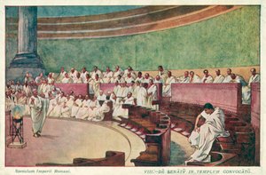 Cicero attackerar Catilina i senaten i antikens Rom (färg litho)
