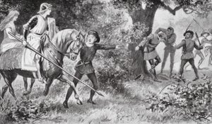 Gareth rusade på rånarna och slog till så djärvt att de sprang iväg (litografi) av J. Williamson