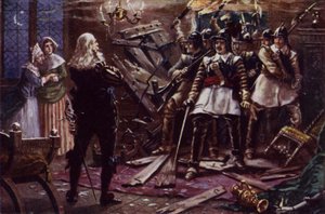 Oliver Cromwells parlamentariska soldater bryter sig in i huset till en anhängare till kung Charles I (färg litho)