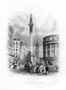 Monument och Church of St Magnus the Martyr, London, 1800-talet.