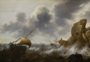 En fiskebåt utanför en klippig kust i en storm med ett vrak, ca 1664-65 (olja på pannå) av Jacob Adriaensz. Bellevois