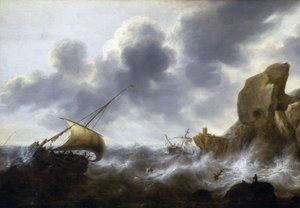 En fiskebåt i storm nära en klippig kust med ett skeppsbrott. Olja på duk av Jacob Adriaensz Bellevois (1621-1675). av Jacob Adriaensz. Bellevois