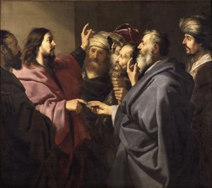 The Tribute Money - The Tribute Money, av Backer, Jacob Adriaensz. (1609-1651). olja på duk