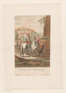 Ryttare väljer en bra plats för strid Locum insidijs conspeximus ipsi (titel på objekt) av Jacob Andreas Fridrich (I)