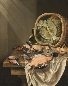 Köksstilleben med omkullvälta korgar med sallad, vilt och grönsaker av Jacob Biltius
