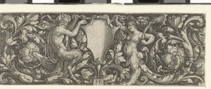 Fris med en sköld som bärs av en manlig och en kvinnlig satyr av Jacob Binck (signed by artist)