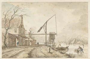 Vinterlandskap med hus och spak längs frusen kanal